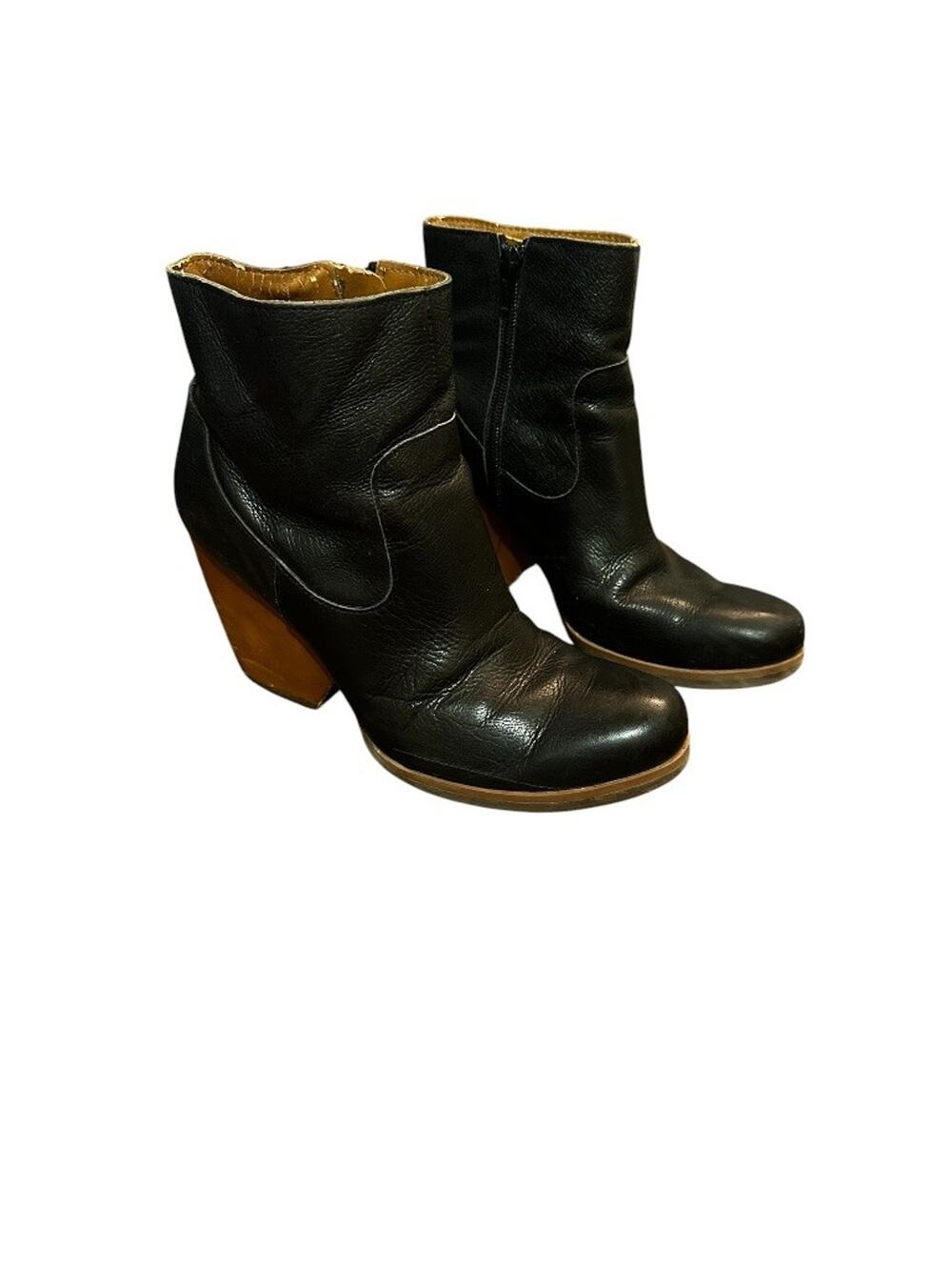 Womens Kork-Ease Black Leather Ankle Boots Size 7.5 Stacked Wood Heel Side Zip